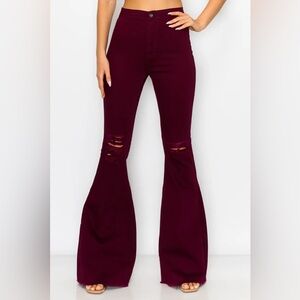 Altar’d State Burgundy Flare Jeans with Distressed Knees Size 25